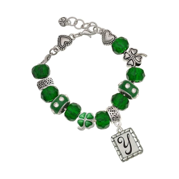 Delight Jewelry Silvertone Pebble Border Initial - Y - Green Irish Luck Bead Charm Bracelet, 7.5"
