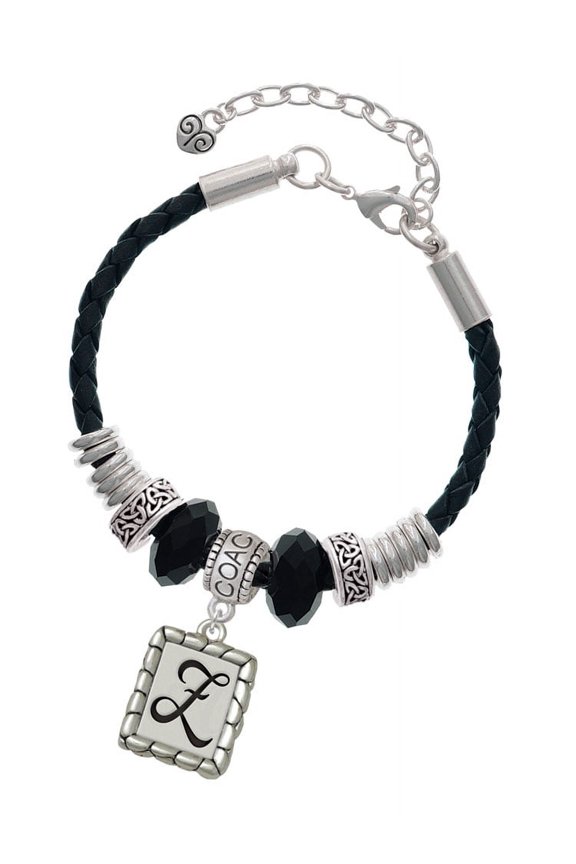 Silvertone Pebble Border Initial - Z Coach Celtic Knot Leather Bead Bracelet, 7"+2" Extender