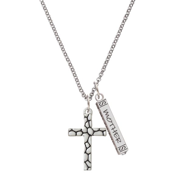 Delight Jewelry Silvertone Pebble Cross Silvertone Mother Daughter Bar Charm Necklace, 23"