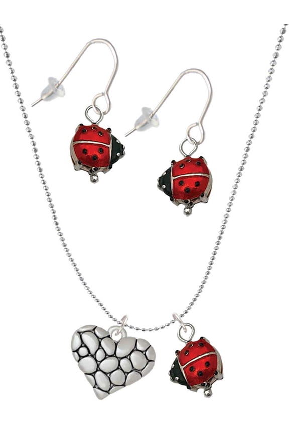 Silvertone Pebble Heart Red Lucky Ladybug Necklace and Dangle Earrings Set