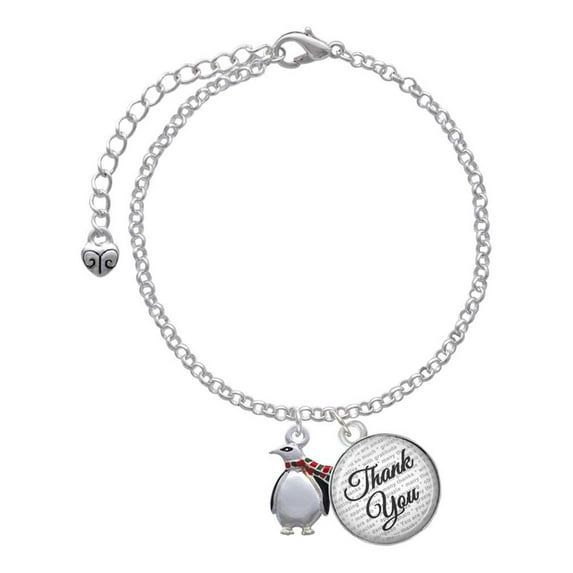 Delight Jewelry Silvertone Penguin with Scarf - Domed Thank You Charm Bracelet, 6"+2"