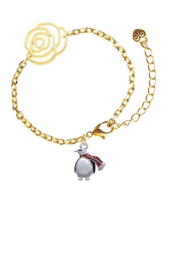 Silvertone Penguin with Scarf Gold-tone Flower Link Chain Bracelet, 6.75"+2" Extender