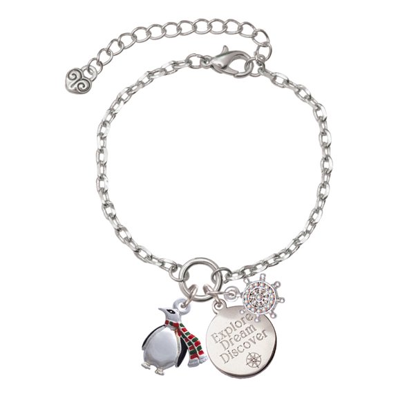 Delight Jewelry Silvertone Penguin with Scarf Silvertone Discover Dream Explore Zoey Charm Bracelet, 6.5+2" Extender