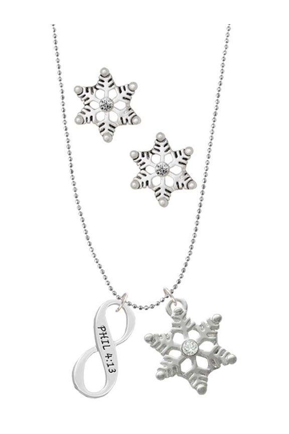 Silvertone Philippians 4:13 Infinity Sign Silver tone Snowflake Charm Necklace and Stud Earrings