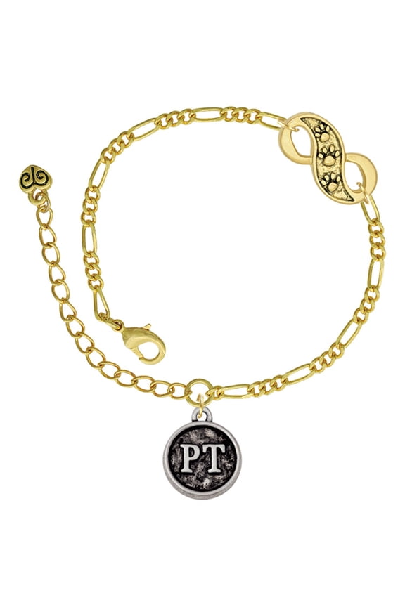 Silvertone Physical Therapist Caduceus Seal - PT Gold-tone Paw Infinity Link Chain Bracelet, 6"+2" Extender