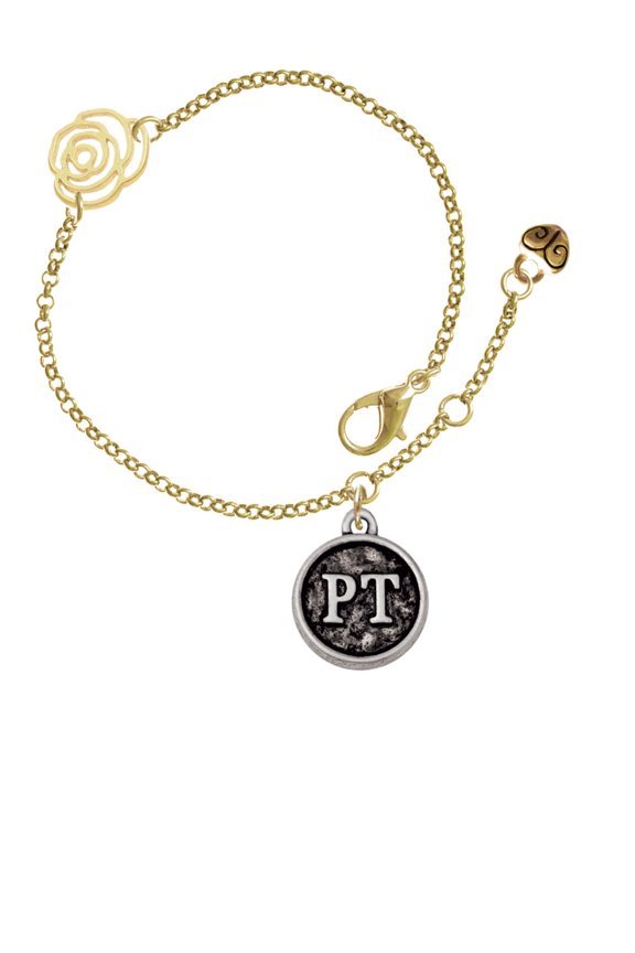 Silvertone Physical Therapist Caduceus Seal - PT Gold-tone Rose Link Chain Bracelet, 6.25"+1.75" Extender