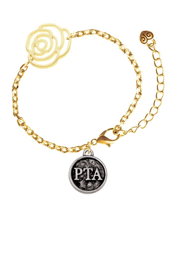 Silvertone Physical Therapist Caduceus Seal - PTA Gold-tone Flower Link Chain Bracelet, 6.75"+2" Extender