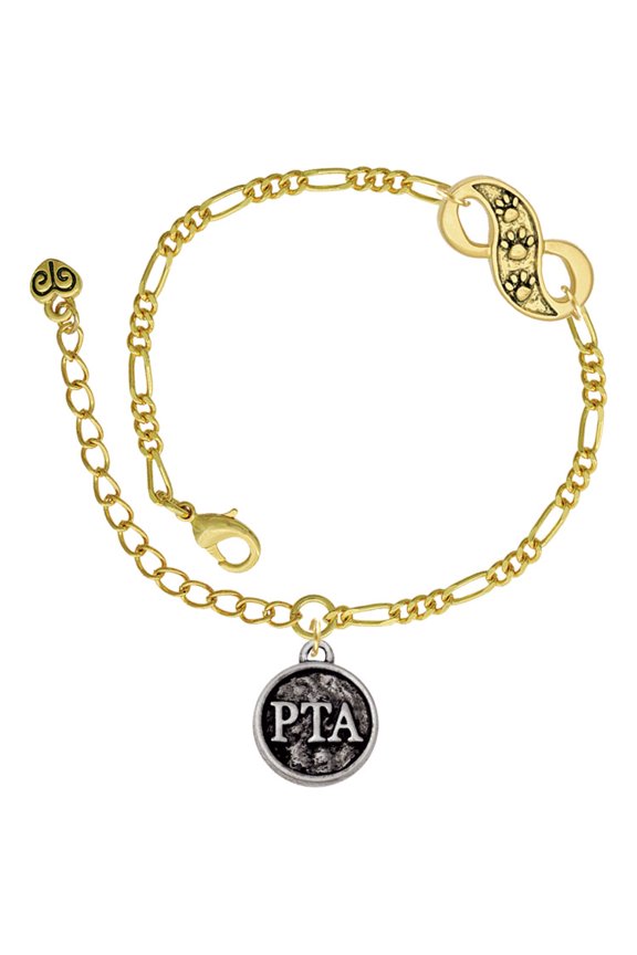 Silvertone Physical Therapist Caduceus Seal - PTA Gold-tone Paw Infinity Link Chain Bracelet, 6"+2" Extender
