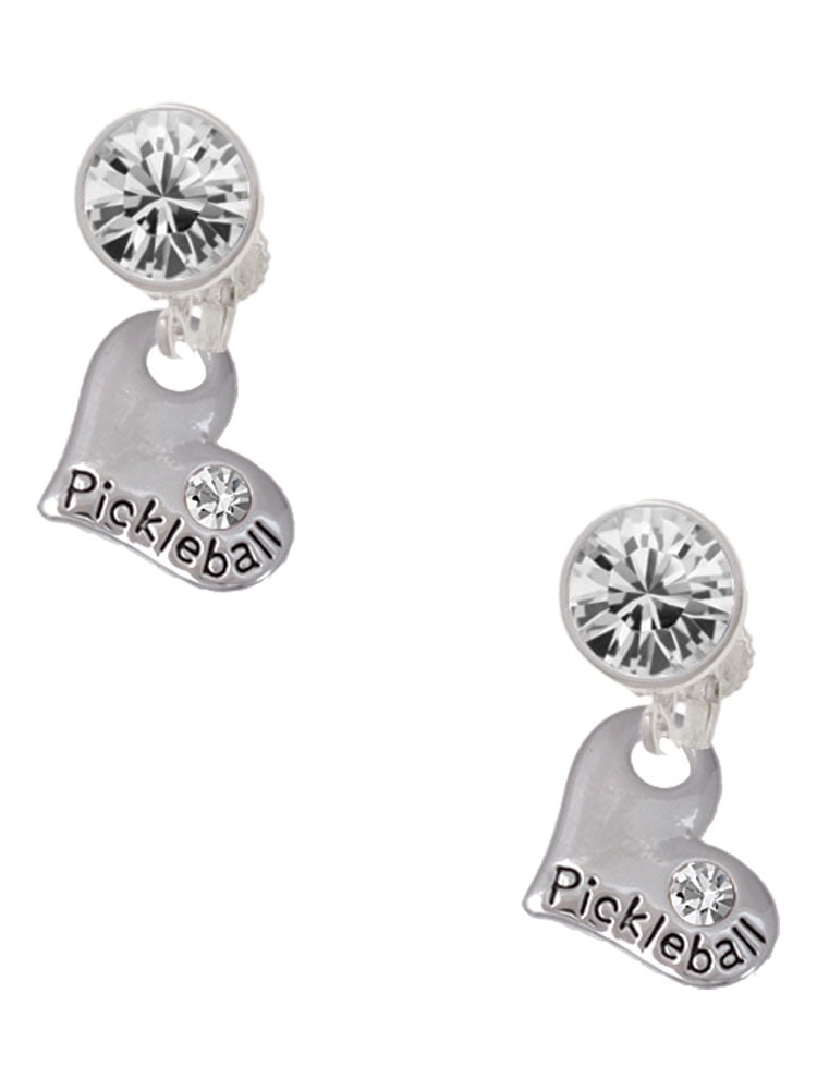 Delight Jewelry Silvertone Pickleball Heart Large Clear Crystal Clip On Earrings