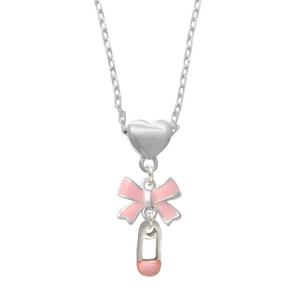 Delight Jewelry Silvertone Pink Baby Safety Pin Pink Bow Heart Necklace