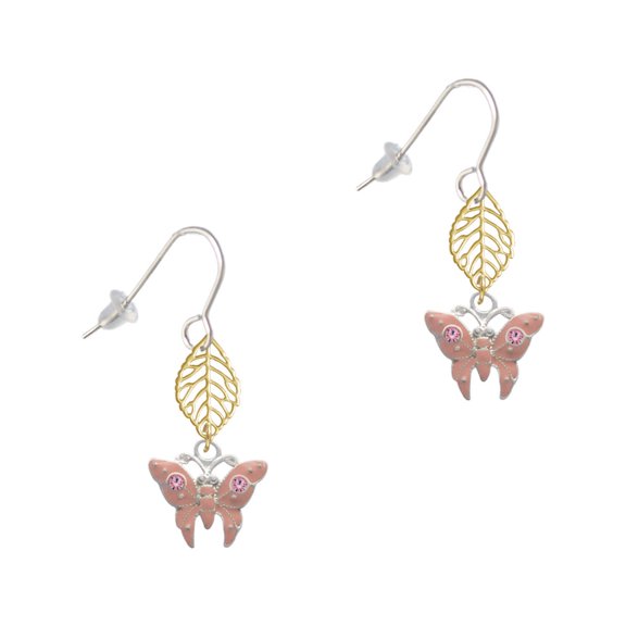 Delight Jewelry Silvertone Pink Butterfly with 2 Pink Crystals Goldtone Leaf French Earrings