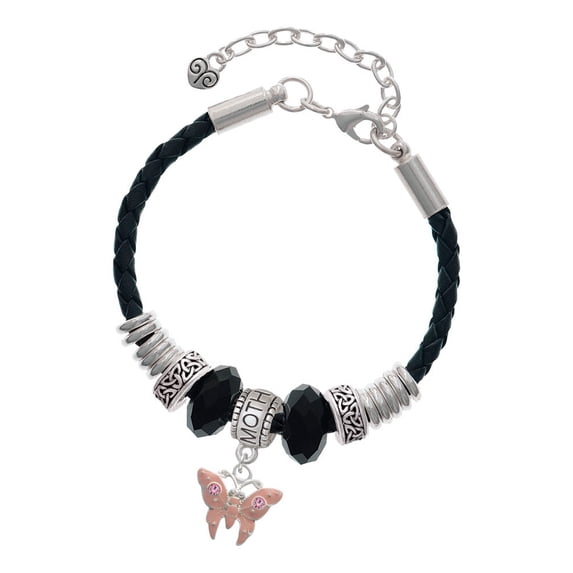 Delight Jewelry Silvertone Pink Butterfly with 2 Pink Crystals Mother Celtic Knot Leather Bead Bracelet, 7"+2" Extender