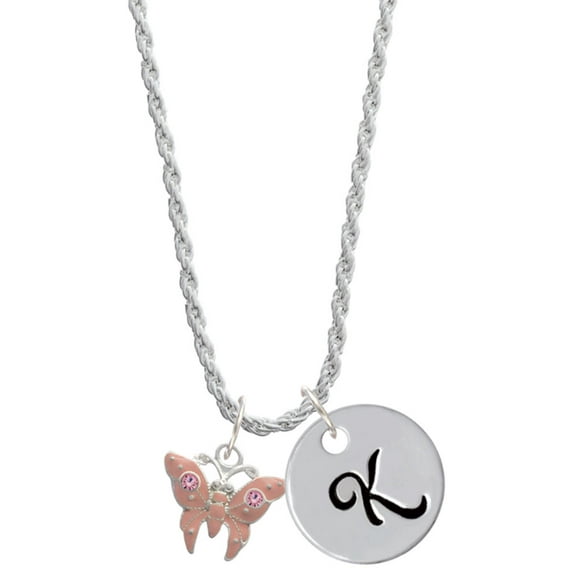 Delight Jewelry Silvertone Pink Butterfly with 2 Pink Crystals Silvertone Script Initial Disc - K - Charm Necklace, 20"+3"