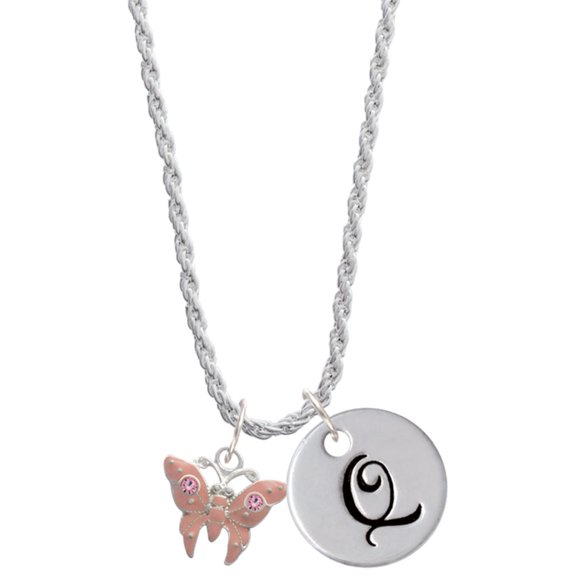 Delight Jewelry Silvertone Pink Butterfly with 2 Pink Crystals Silvertone Script Initial Disc - Q - Charm Necklace, 20"+3"