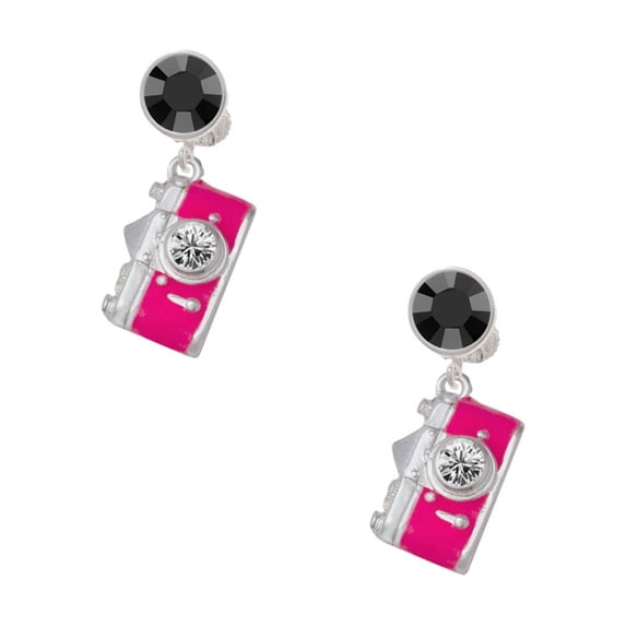 Delight Jewelry Silvertone Pink Camera Black Crystal Clip on Earrings