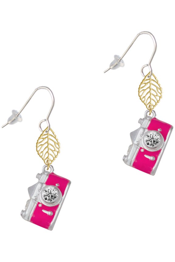 Silvertone Pink Camera Goldtone Leaf French Earrings