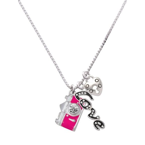Delight Jewelry Silvertone Pink Camera - Love and Lock Charm Necklace, 18"+1"