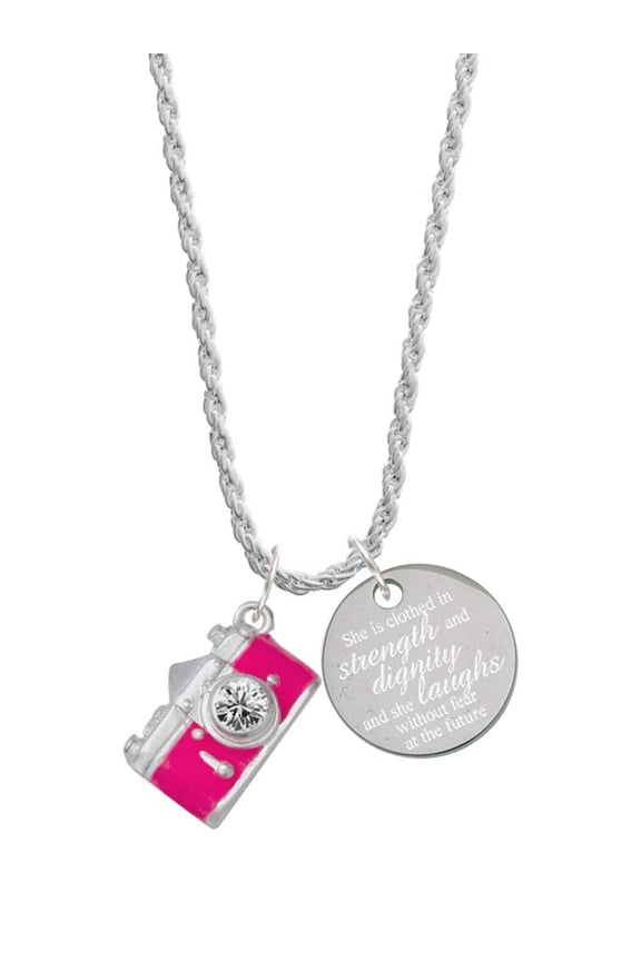 Silvertone Pink Camera She is Clothed in Stength and Dignity Charm Necklace, 20"+3"