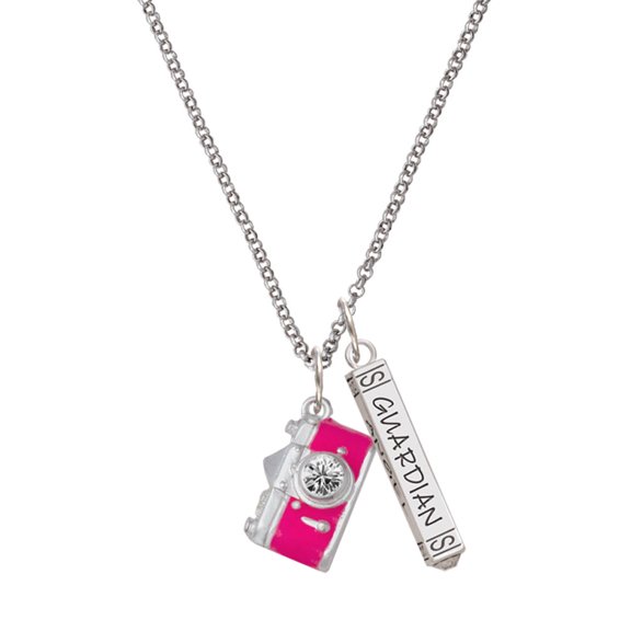 Delight Jewelry Silvertone Pink Camera Silvertone Guardian Angel Bar Charm Necklace, 23"