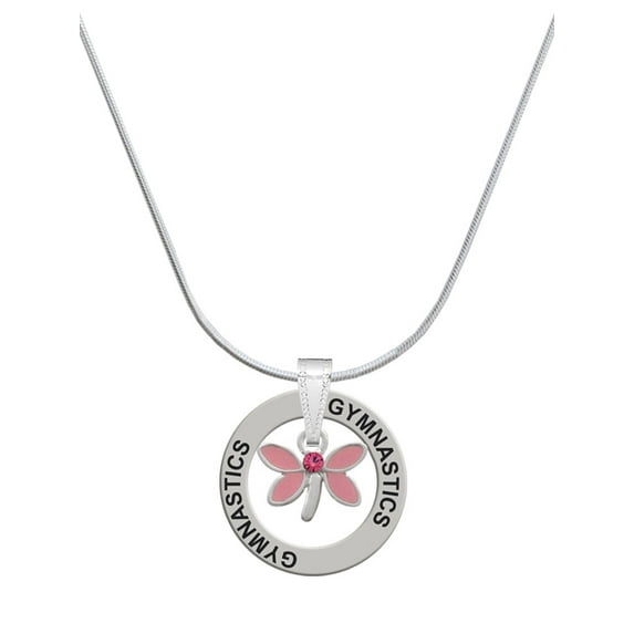 Delight Jewelry Silvertone Pink Dragonfly with Crystal Gymnastics Ring Charm Necklace, 18"