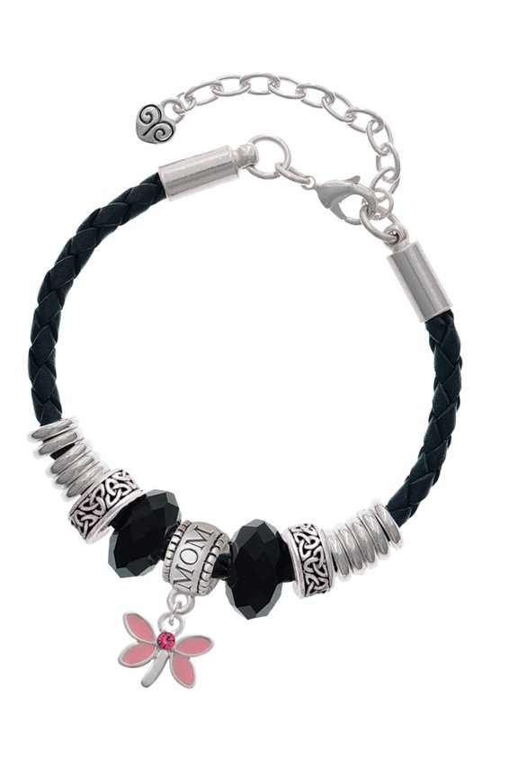 Silvertone Pink Dragonfly with Crystal Mom Celtic Knot Leather Bead Bracelet, 7"+2" Extender