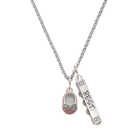 Delight Jewelry Silvertone Pink Enamel Baby Shoe with Bow Silvertone Best Friends Forever Bar Charm Necklace, 23"