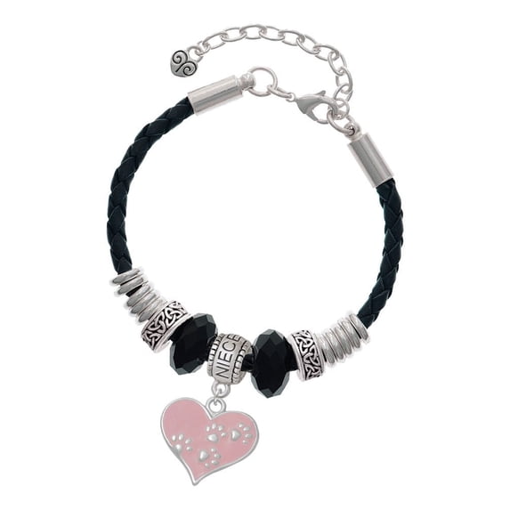 Delight Jewelry Silvertone Pink Enamel Heart with Paw Prints Niece Celtic Knot Leather Bead Bracelet, 7"+2" Extender