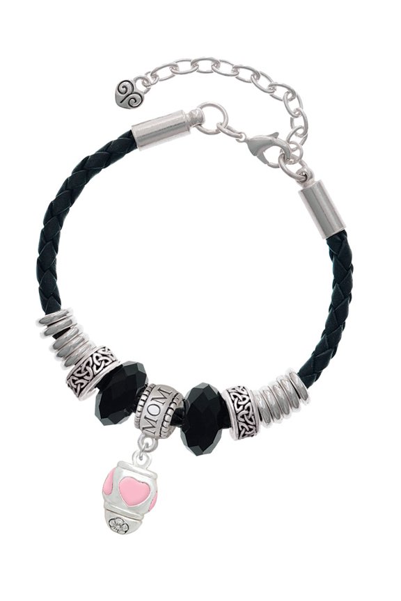 Silvertone Pink Heart Spinner Mom Celtic Knot Leather Bead Bracelet, 7"+2" Extender