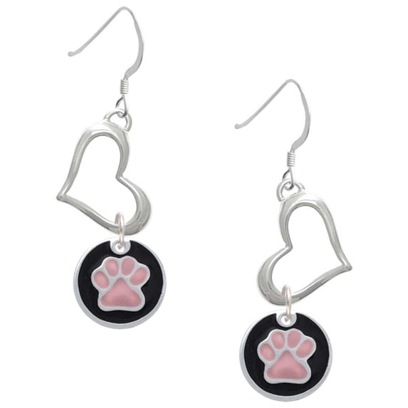 Delight Jewelry Silvertone Pink Paw on Black Disc Open Heart French Earrings