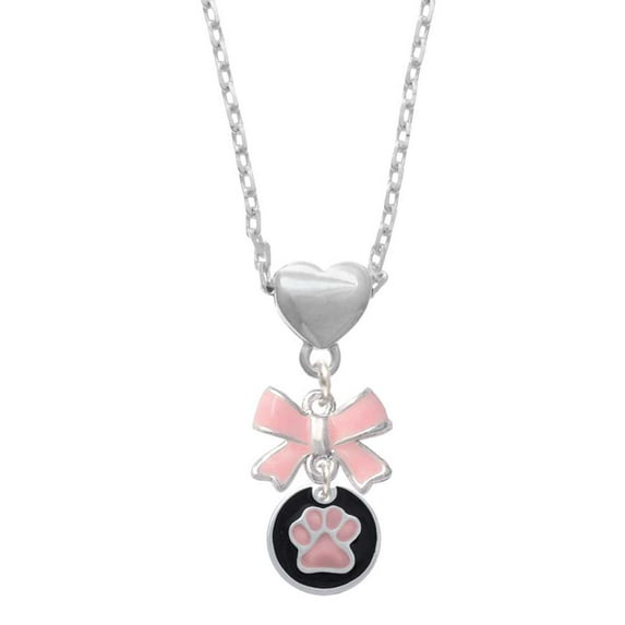 Delight Jewelry Silvertone Pink Paw on Black Disc Pink Bow Heart Necklace