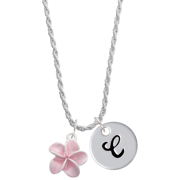 Delight Jewelry Silvertone Pink Plumeria Flower Silvertone Script Initial Disc - C - Charm Necklace, 20"+3"
