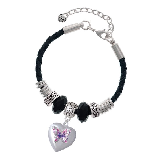 Delight Jewelry Silvertone Pink & Purple Butterfly Locket Daughter Celtic Knot Leather Bead Bracelet, 7"+2" Extender