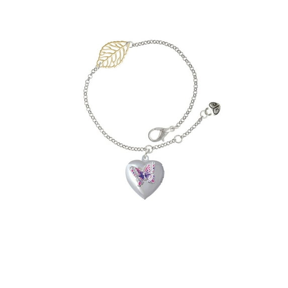 Delight Jewelry Silvertone Pink & Purple Butterfly Locket - Goldtone Leaf Delicate Bracelet, 6.25+1.75"