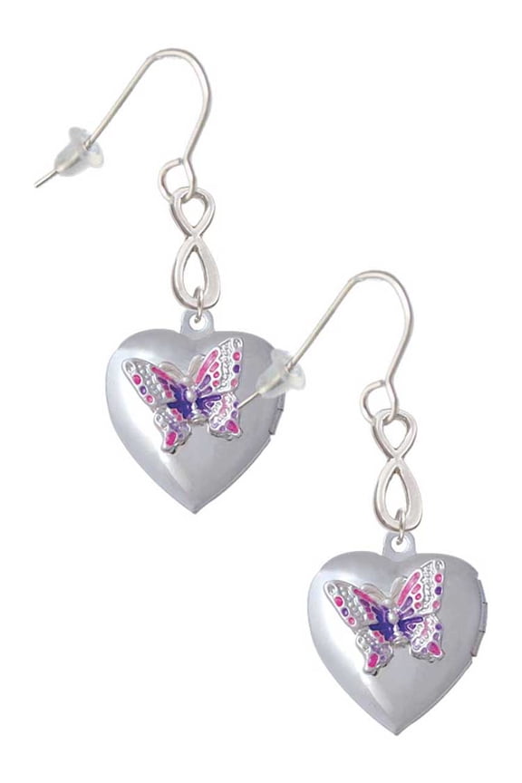 Silvertone Pink & Purple Butterfly Locket Silver tone Infinity French Earrings