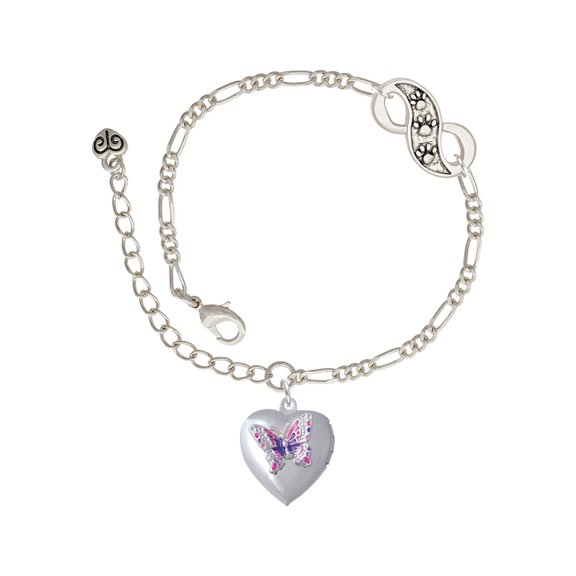 Delight Jewelry Silvertone Pink & Purple Butterfly Locket Silver-tone Paw Infinity Link Chain Bracelet, 6"+2" Extender
