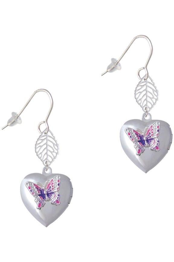 Silvertone Pink & Purple Butterfly Locket Silvertone Leaf French Earrings