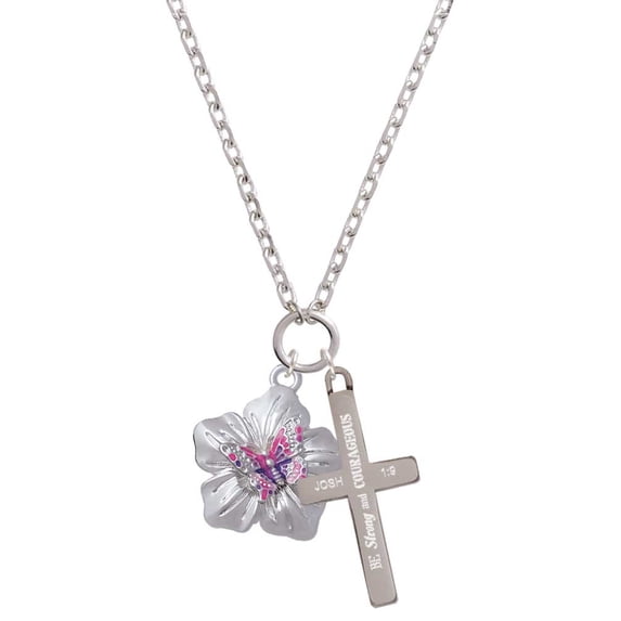 Delight Jewelry Silvertone Pink & Purple Butterfly on Large Flower Be Strong and Courageous Engraved Cross Zoey Necklace, 28"