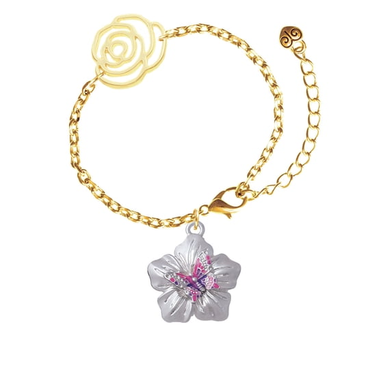 Delight Jewelry Silvertone Pink & Purple Butterfly on Large Flower Gold-tone Flower Link Chain Bracelet, 6.75"+2" Extender