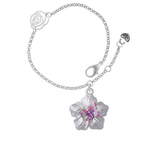 Delight Jewelry Silvertone Pink & Purple Butterfly on Large Flower Silver-tone Rose Link Chain Bracelet, 6.25"+1.75" Extender