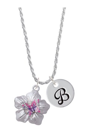 Silvertone Pink & Purple Butterfly on Large Flower Silvertone Script Initial Disc - B - Charm Necklace, 20"+3"