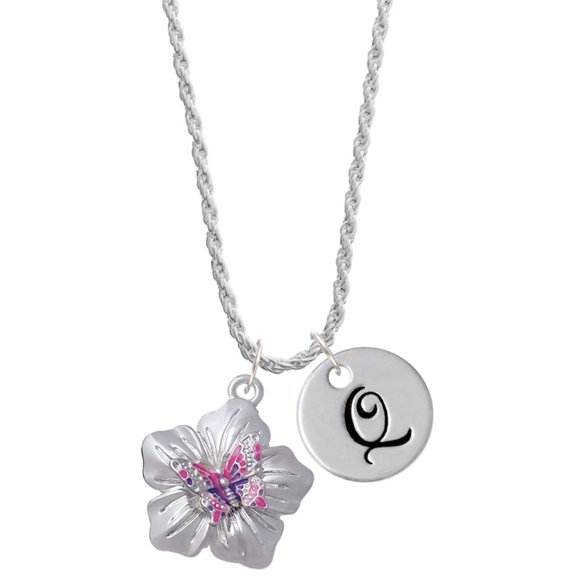 Delight Jewelry Silvertone Pink & Purple Butterfly on Large Flower Silvertone Script Initial Disc - Q - Charm Necklace, 20"+3"