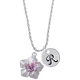 thumbnail image 1 of Delight Jewelry Silvertone Pink & Purple Butterfly on Large Flower Silvertone Script Initial Disc - R - Charm Necklace, 20"+3", 1 of 4