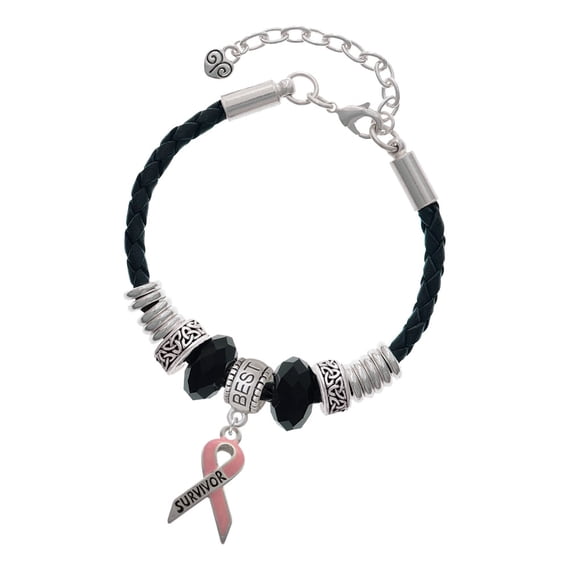 Delight Jewelry Silvertone Pink Ribbon ''Survivor'' Best Friend Celtic Knot Leather Bead Bracelet, 7"+2" Extender