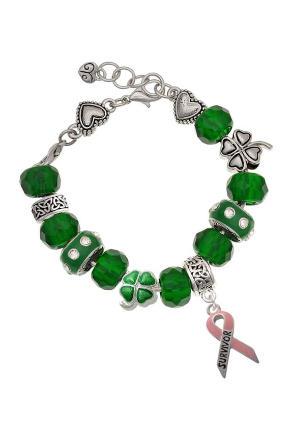 Silvertone Pink Ribbon ''Survivor'' - Green Irish Luck Bead Charm Bracelet, 7.5"