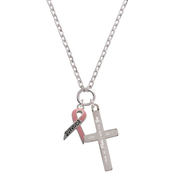 Delight Jewelry Silvertone Pink Ribbon ''Survivor'' I Have Plans for You Engraved Cross Zoey Necklace, 28"