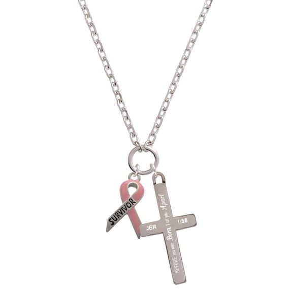 Delight Jewelry Silvertone Pink Ribbon ''Survivor'' I Set You Apart Engraved Cross Zoey Necklace, 28"