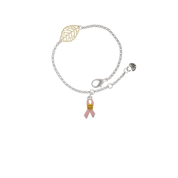 Delight Jewelry Silvertone Pink Ribbon with Softball - Goldtone Leaf Delicate Bracelet, 6.25+1.75"