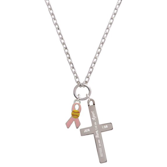 Delight Jewelry Silvertone Pink Ribbon with Softball I Set You Apart Engraved Cross Zoey Necklace, 28"