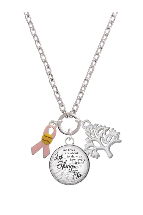 Silvertone Pink Ribbon with Softball Let Things Go Fall Zoey Charm Necklace, 28"
