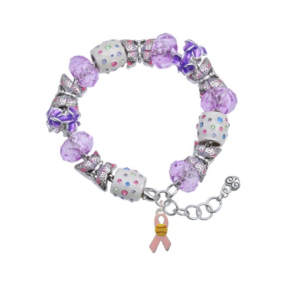 Delight Jewelry Silvertone Pink Ribbon with Softball Purple Butterfly Bead Charm Bracelet, 7"+1" Extender